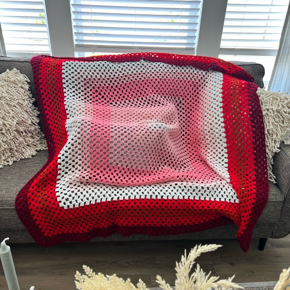 Hand made Cozy Red, White & Pink Crochet Blanket 52x52